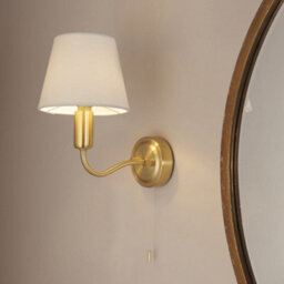 Bathroom Wall Light Fitting - Satin Brass Plate & Ivory Fabric Shade - Modern - thumbnail 3