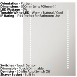 Tunable White Led Bathroom Mirror 500 X 700mm With Demister And Shaver Socket - thumbnail 3