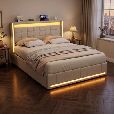 Double Bed Frame 135 X 190 With Storage Drawers, Led Bed Frame With Usb Charging Station, Upholstered Bed Headboard, Beige Linen - image 1
