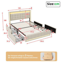 Double Bed Frame 135 X 190 With Storage Drawers, Led Bed Frame With Usb Charging Station, Upholstered Bed Headboard, Beige Linen - thumbnail 9