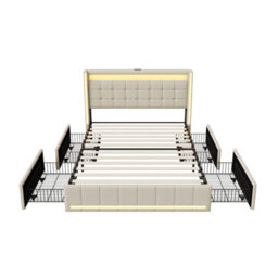 Double Bed Frame 135 X 190 With Storage Drawers, Led Bed Frame With Usb Charging Station, Upholstered Bed Headboard, Beige Linen - thumbnail 8
