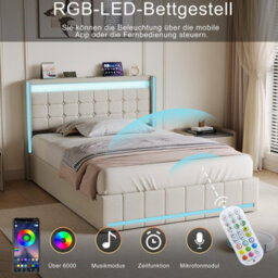 Double Bed Frame 135 X 190 With Storage Drawers, Led Bed Frame With Usb Charging Station, Upholstered Bed Headboard, Beige Linen - thumbnail 6