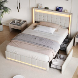 Double Bed Frame 135 X 190 With Storage Drawers, Led Bed Frame With Usb Charging Station, Upholstered Bed Headboard, Beige Linen - thumbnail 2