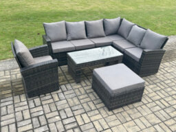 Fimous Rattan Corner Sofa Garden Furniture Set With Big Footstool Rectangular Coffee Table Armchair With Cushion - thumbnail 1