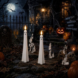 Amorly 6Pcs Flameless Ghost Taper Candles,remote Timer, Real Wax, Battery Operated, Halloween Table Decor, Spooky Ambiance - thumbnail 3