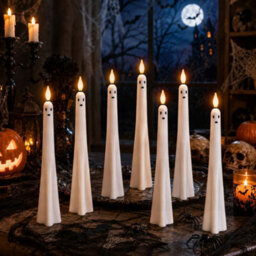 Amorly 6Pcs Flameless Ghost Taper Candles,remote Timer, Real Wax, Battery Operated, Halloween Table Decor, Spooky Ambiance - thumbnail 5