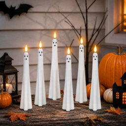 Amorly 6Pcs Flameless Ghost Taper Candles,remote Timer, Real Wax, Battery Operated, Halloween Table Decor, Spooky Ambiance - thumbnail 1