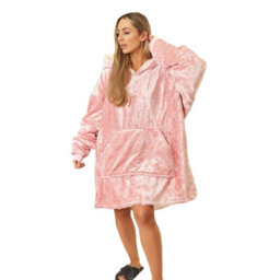 Ohs Crushed Velvet Hoodie Blanket Giant Sweatshirt, Blush Pink - One Size