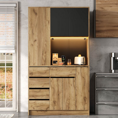 Matteo Tall Kitchen Storage Sideboard With Led Lighting, Spice Rack & Power Outlet - Black & Natural - image 1