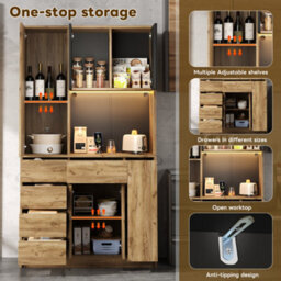 Matteo Tall Kitchen Storage Sideboard With Led Lighting, Spice Rack & Power Outlet - Black & Natural - thumbnail 4