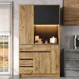 Matteo Tall Kitchen Storage Sideboard With Led Lighting, Spice Rack & Power Outlet - Black & Natural - thumbnail 1