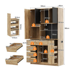 Matteo Tall Kitchen Storage Sideboard With Led Lighting, Spice Rack & Power Outlet - Black & Natural - thumbnail 3