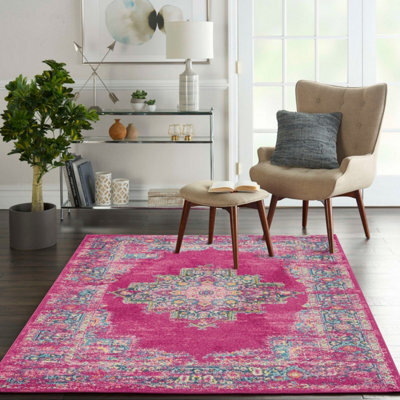 Pink Luxurious Traditional Persian Easy To Clean Bordered Floral Rug For Dining Room-114Cm X 175Cm - image 1
