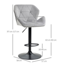 Homcom Set Of 2 Luxurious Velvet-Touch Bar Stools Metal Frame Footrest Grey - thumbnail 3