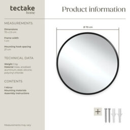 Tectake Round Mirror Fiona - Aluminium Frame, Wall Mounted, Minimalist Design 70 X 2.5 Cm  - Black - thumbnail 6