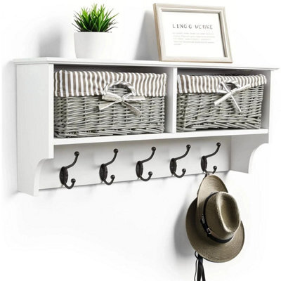 Taylor & Brown Wall Mounted Coat Hooks And Shelf, 5 Double Coat Hooks, 2 Storage Baskets, White Mdf Wooden Shelf Wall Storage Unit - image 1
