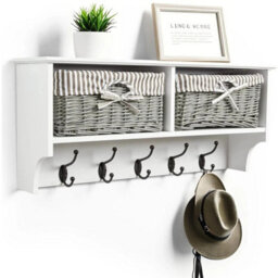 Taylor & Brown Wall Mounted Coat Hooks And Shelf, 5 Double Coat Hooks, 2 Storage Baskets, White Mdf Wooden Shelf Wall Storage Unit
