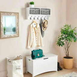 Taylor & Brown Wall Mounted Coat Hooks And Shelf, 5 Double Coat Hooks, 2 Storage Baskets, White Mdf Wooden Shelf Wall Storage Unit - thumbnail 3