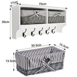 Taylor & Brown Wall Mounted Coat Hooks And Shelf, 5 Double Coat Hooks, 2 Storage Baskets, White Mdf Wooden Shelf Wall Storage Unit - thumbnail 7