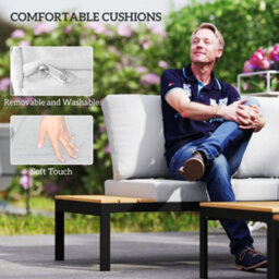 Wyld Haus Wood Teak 4-Seater Modular Garden Corner Sofa Set With 2 Coffee Tables - Teak Effect, Light Grey Cushions, Black Frame - thumbnail 6