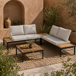 Wyld Haus Wood Teak 4-Seater Modular Garden Corner Sofa Set With 2 Coffee Tables - Teak Effect, Light Grey Cushions, Black Frame