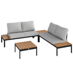Wyld Haus Wood Teak 4-Seater Modular Garden Corner Sofa Set With 2 Coffee Tables - Teak Effect, Light Grey Cushions, Black Frame - thumbnail 2
