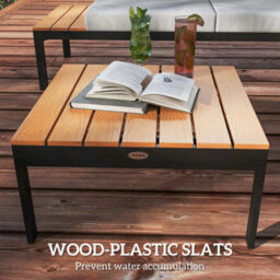 Wyld Haus Wood Teak 4-Seater Modular Garden Corner Sofa Set With 2 Coffee Tables - Teak Effect, Light Grey Cushions, Black Frame - thumbnail 7