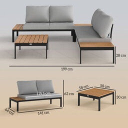 Wyld Haus Wood Teak 4-Seater Modular Garden Corner Sofa Set With 2 Coffee Tables - Teak Effect, Light Grey Cushions, Black Frame - thumbnail 3