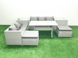 Fimous Rattan Garden Furniture Set 8 Seater Outdoor Sofa Set Dining Table 2 Side Tables 2 Big Stools Light Grey - thumbnail 2