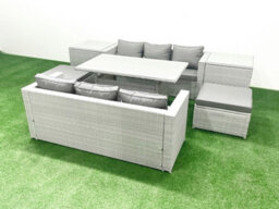 Fimous Rattan Garden Furniture Set 8 Seater Outdoor Sofa Set Dining Table 2 Side Tables 2 Big Stools Light Grey - thumbnail 1
