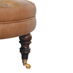 Artisan Furniture Solid Wood Brown Buffalo Leather Round Ottoman With Castor Legs - thumbnail 6