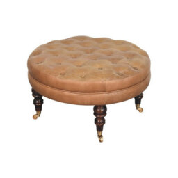 Artisan Furniture Solid Wood Brown Buffalo Leather Round Ottoman With Castor Legs - thumbnail 5