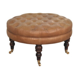 Artisan Furniture Solid Wood Brown Buffalo Leather Round Ottoman With Castor Legs - thumbnail 2