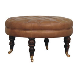Artisan Furniture Solid Wood Brown Buffalo Leather Round Ottoman With Castor Legs - thumbnail 4