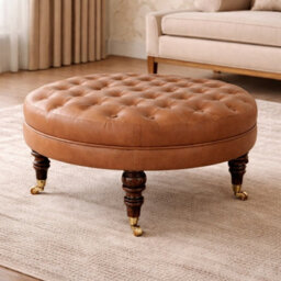 Artisan Furniture Solid Wood Brown Buffalo Leather Round Ottoman With Castor Legs - thumbnail 1