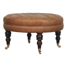 Artisan Furniture Solid Wood Brown Buffalo Leather Round Ottoman With Castor Legs - thumbnail 3