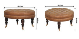 Artisan Furniture Solid Wood Brown Buffalo Leather Round Ottoman With Castor Legs - thumbnail 8