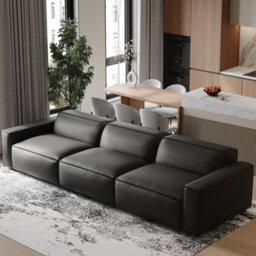 Valencia Nathan Full Aniline Leather Lounge Modular Three Seats Sofa Black Color Fsc Pine Wood Top Stitched Seam - thumbnail 2