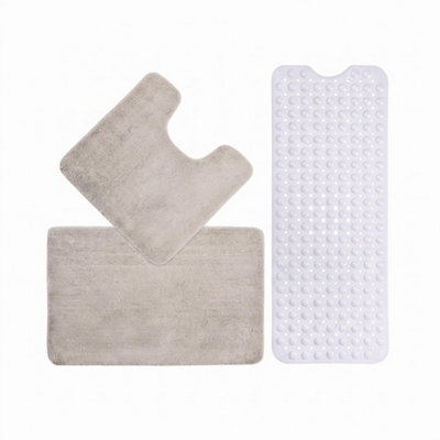 3 Piece Grey Bathroom Bath Mat Set Soft Absorbent Floor Mats With Blue Non Slip Rubber Shower Mat - image 1