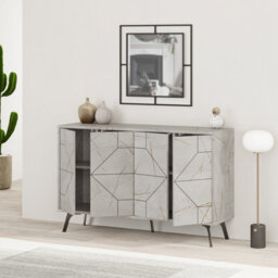 Decortie Dune Modern Sideboard Cabinet - Geometric 4 Door Console Sideboard With Metal Legs Gold Marble Effect - thumbnail 6