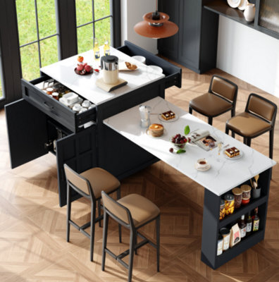 Matteo Black Extendable Bar Table With Storage & Drawers - Mdf Kitchen Island (133-202Cm) - image 1