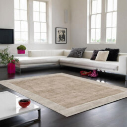 Beige Viscose Easy To Clean Bordered Luxurious , Modern Rug For Living Room, Bedroom - 200 X 200 (Square) - thumbnail 1