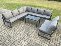 Fimous Aluminium 9 Seater Patio Outdoor Garden Furniture Lounge Corner Sofa Set With Oblong Coffee Table Dark Grey - thumbnail 1
