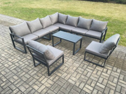 Fimous Aluminium 9 Seater Patio Outdoor Garden Furniture Lounge Corner Sofa Set With Oblong Coffee Table Dark Grey - thumbnail 2