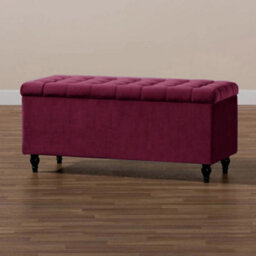 150Cm Cubed Ottoman Storage Box With Wooden Legs, Red Velvet Upholstered Chesterfield Footstool Storage Ottoman Bench