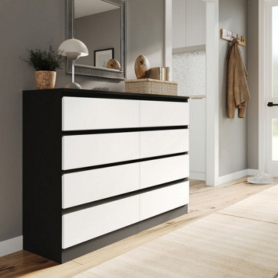 Urbn-Living Urbnliving 120Cm Wide Black Wooden Chest Of White 8 Drawers Bedroom Furniture Storage Bedside Modern Cabinet