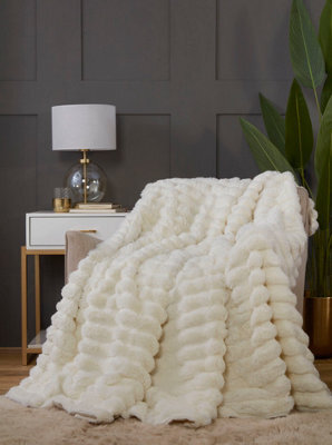 Rapport Home Chunky Ribbed Fur Polyester Soft Plush Cuddly Cozy Blanket Throw Creamy White - image 1