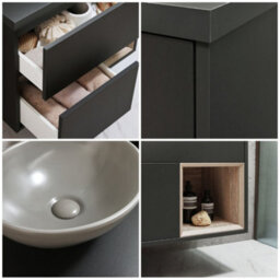 Homestylestore Black Grey 594mm Wall Hung Bathroom Vanity Unit Oval Pebble Countertop Basin Open Shelf - thumbnail 2
