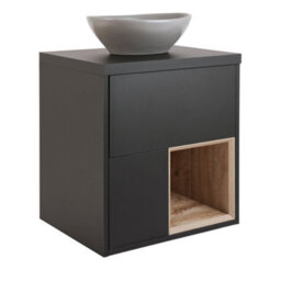 Homestylestore Black Grey 594mm Wall Hung Bathroom Vanity Unit Oval Pebble Countertop Basin Open Shelf - thumbnail 1