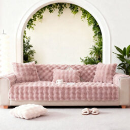 Living And Home Pink Thickened Faux Rabbit Fur Knitted Sofa Cushion Cover/sofa Throw, 150Cm W X 90Cm D - thumbnail 2